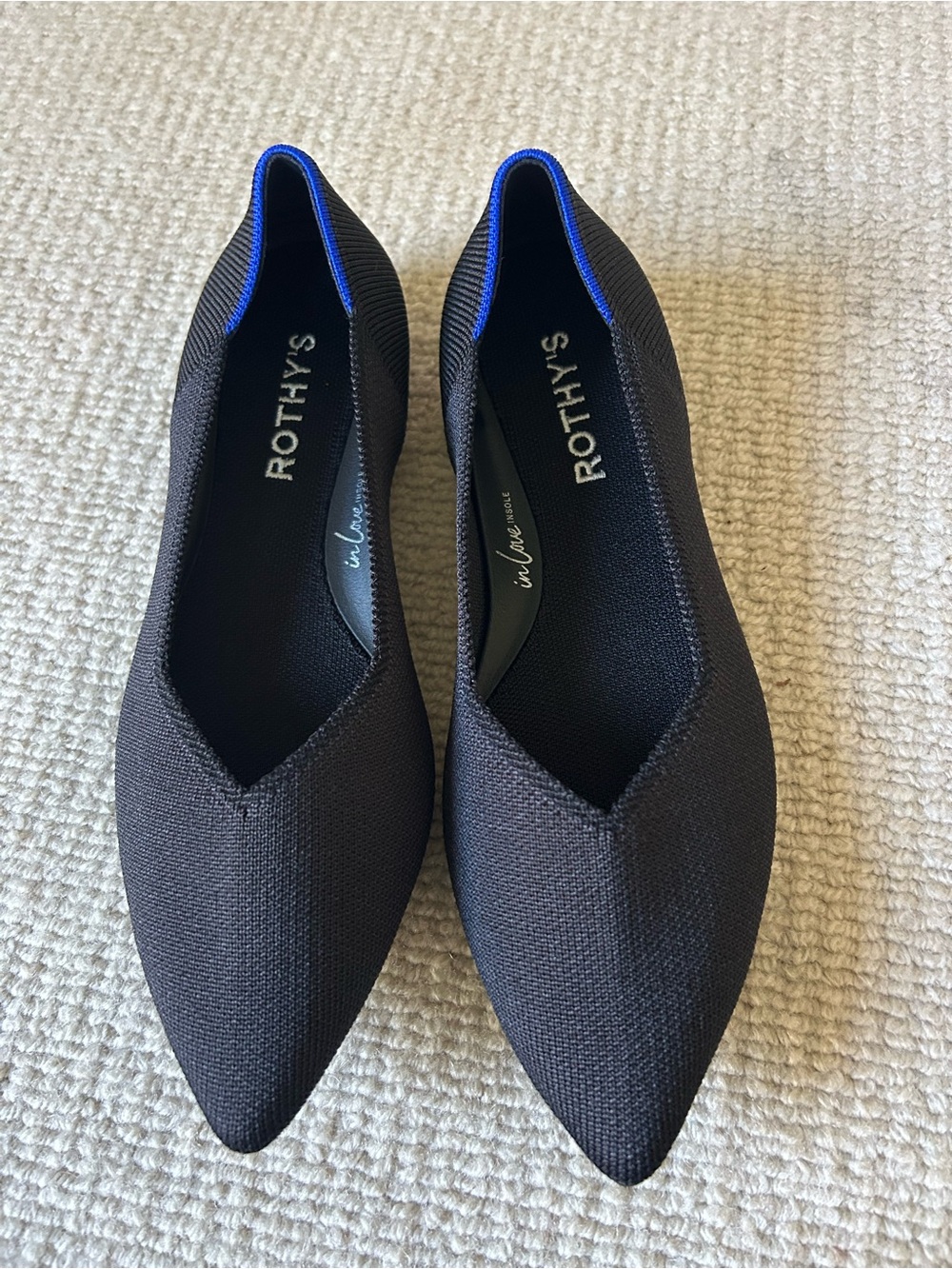 Rothy's Black Pointed Knit Flats with Blue Trim